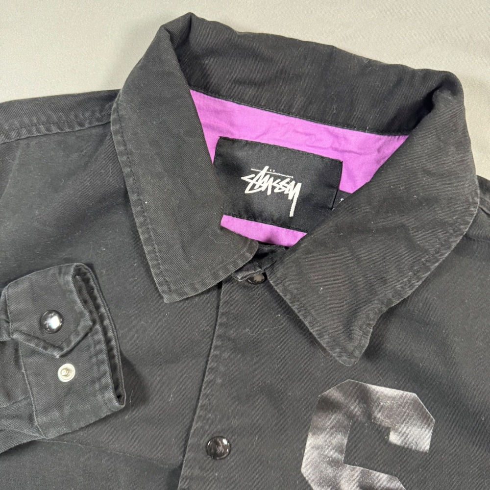 Stussy Mens S Black Cotton Snap Front Work Jacket Purple Trim Graphic Streetwear